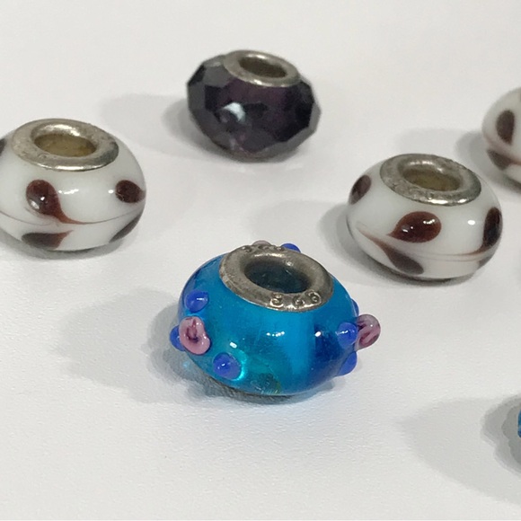 925 Sterling Silver Lampwork Art Glass Pandora Style Beads Lot Set 7 Charms - Picture 4 of 7